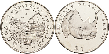 Эритрея 1 доллар 1994 серия берегите планету Земля, носорог KM 16 медно-никель UNC 4386-532