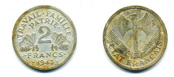 Франция 2 франка 1943 правительство Виши KM 904.1 алюминий 54-1227