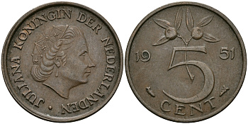 НИДЕРЛАНДЫ 5 ЦЕНТОВ 1951 ЮЛИАНА KM 181 бронза 95-246