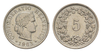Швейцария 5 раппенов 1963 B KM 26 медно-никель 4611-823