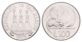 Сан-Марино 100 лир 1975 Любовь у животных KM 46 нержавеющая сталь  UNC  4634-123
