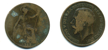 Великобритания 1 пенни 1919 Георг V (1910-1936) KM 810, Spink 4051 бронза 41-313