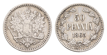Россия для Финляндии 50 пенни 1865 S, Александр II (1855-1881) Биткин 633 серебро 1518-535