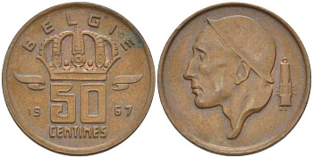 Бельгия 50 сантимов 1967 Belgie, Бодуэн I (1951-1993) KM 149.1 бронза 3458-112