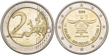 Бельгия 2 евро 2008 60 лет принятие декларации прав человека KM 248 биметалл 4543-356