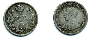КАНАДА 5 ЦЕНТОВ 1916 ГЕОРГ V серебро 46-731