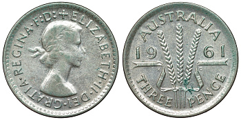 Австралия 3 пенса 1961 m, Елизавета II (1952-2022) KM 57 серебро 71-724