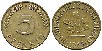 ФРГ 5 ПФЕННИГОВ 1968 F KM 107, J.382 сталь плакированная латунью 26-1139