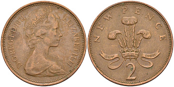 Великобритания 2 пенса 1971 Елизавета II (1952-2022) KM 916, Spink 4235 (C1) бронза 4593-825