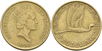 Новая Зеландия 2 доллара 1990 Елизавета II (1952-2022), большая белая цапля KM 79 алюминиевая бронза 59-215