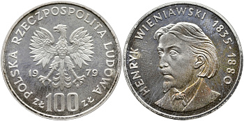 Польша 100 злотых 1979 MW, Генрик Венявский (1835-1880) KM 98, Parchimowicz 284 серебро PROOF 441-1211