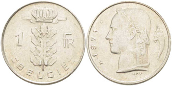 Бельгия 1 франк 1971 Belgie, Бодуэн I (1951-1993) KM 143.1 медно-никель 213-343