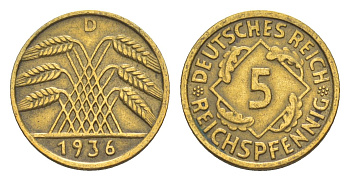Германия 5 рейхспфеннигов 1936 D KM 39, J. 316 алюминиевая бронза 4549-539