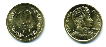 ЧИЛИ 10 ПЕСО 2008 ГЕНЕРАЛ БЕРНАРДО О ХИГГИНС KM 228.2 никель-бронза 37-315