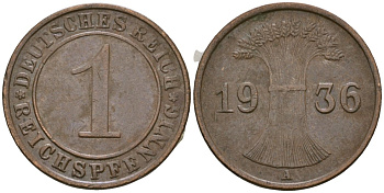 Германия 1 рейхспфенниг 1936 A KM 37, J. 313 бронза 4549-323