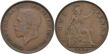 Великобритания 1 пенни 1936 Георг V (1910-1936) KM 838, Spink 4055 бронза 4144-846