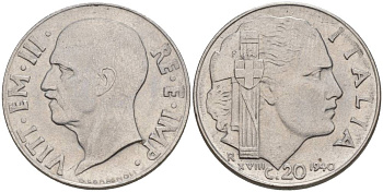 ИТАЛИЯ 20 ЧЕНТЕЗИМО 1940 R, ГОД XVIII, ВИКТОР ЭММАНУИЛ III (1900-1946), МАГНИТНАЯ, ГУРТ РИФЛЁНЫЙ KM 75b, VEM3. 1025 нержавеющая сталь 3853-457