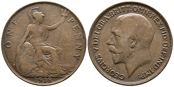 Великобритания 1 пенни 1918 Георг V (1910-1936) KM 810, Spink 4051 бронза 59-211