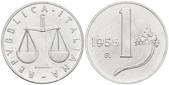 Италия 1 лира 1955 R, весы KM 91 алюминий  UNC  4594-624
