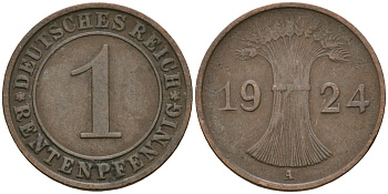 Германия 1 рентенпфенниг 1924 A KM 30, J. 306 бронза 4608-269