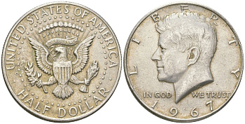 США 1/2 доллара (50 центов) 1967 Джон Кеннеди KM 202a серебро 221-1022