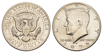 США 1/2 доллара (50 центов) 1972 D, Джон Кеннеди KM 202b медь плакированная медно-никелем aUNC 189-725