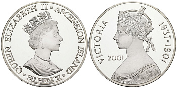 Остров Вознесения 50 пенсов 2001 королева Виктория (1837-1901), тираж 10000 экз. KM 14а серебро PROOF 1095-10-21