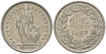 Швейцария 1 франк 1968 B KM 24a.1 медно-никель 216-852