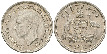 Австралия 6 пенсов 1951 PL, Георг V (1936-1952) KM 45 серебро 4623-239