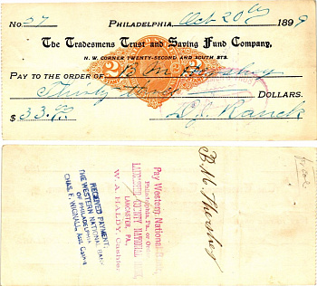 США чек на 33 долларов 1899 Филадельфия бумага 2196-35-1-1