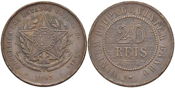 Бразилия 20 рейс 1893 Республика KM 490 бронза    1515-114