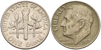 США 10 центов = дайм 1977 Рузвельт KM 195a медь плакированная медно-никелем 4580-364