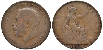 Великобритания 1 пенни 1921 Георг V (1910-1936) KM 810, Spink 4051 бронза 4123-1142