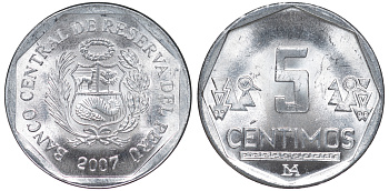 Перу 5 сентимо 2007 LIMA KM 304.4a алюминий aUNC 4189-969
