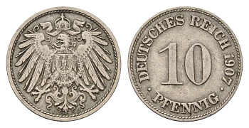 Германия 10 пфеннигов 1907 D, Вильгельм II (1888-1918) KM 12, J. 13 медно-никель 4636-861