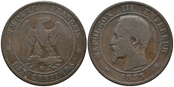 ФРАНЦИЯ 10 САНТИМОВ 1855 К, НАПОЛЕОН III (1852-1870) KM 771.5, LE FRANC 133.26 бронза 32-924