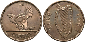 ИРЛАНДИЯ 1 ПЕННИ 1963 КУРИЦА С ЦЫПЛЯТАМИ KM 11 бронза 3457-235