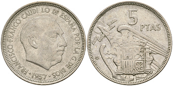ИСПАНИЯ 5 ПЕСЕТ 1957 (62) ФРАНСИСКО ФРАНКО ДИКТАТОР ИСПАНИИ (1939-1975) KM 786 медно-никель 4364-3425
