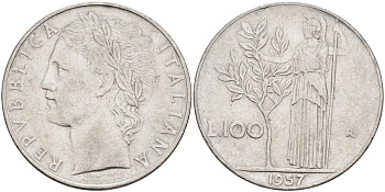 Италия 100 лир 1957 R, Афина в доспехах KM 96.1 нержавеющая сталь 81-1242