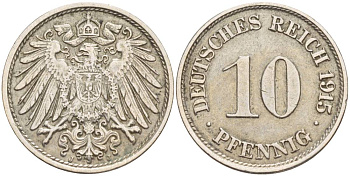 Германия 10 пфеннигов 1915 J KM 12, Jager 13, Weege 8 медно-никель 219-253