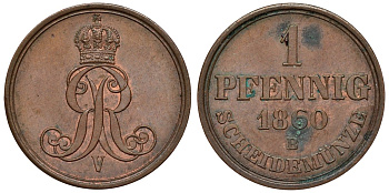 Ганновер 1 пфенниг 1860 B, Георг V KM 233, AKS 156, J. 90 медь 4594-526