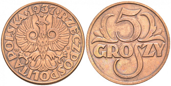 ПОЛЬША 5 ГРОШЕЙ 1937 w KM 10а бронза 100-959