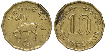 Уругвай 10 сентесимо 1981 KM 66 алюминиевая бронза 4169-521