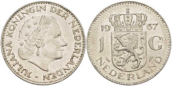 Нидерланды 1 гульден 1967 Юлиана (1948-1980) KM 184а никель 213-953