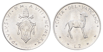 Ватикан 2 лиры 1970 MCMLXX KM 117 алюминий UNC 4701-517