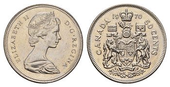Канада 50 центов 1970 Елизавета II (1952-2022), герб KM 75.1 никель UNC 4678-1221
