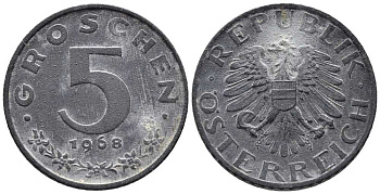 АВСТРИЯ 5 ГРОШЕЙ 1968 KM 2875 цинк 39-1244