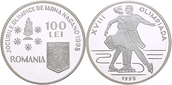 Румыния 100 леев 1998 XVIII зимние Олимпийские игры в Нагано 1998 года, парное фигурное катание KM 141 серебро PROOF 1085-6-12
