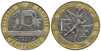 Франция 10 франков 1990 тип Гений Бастилии KM 964.1, Le Frank 375.5 биметалл 51-5616