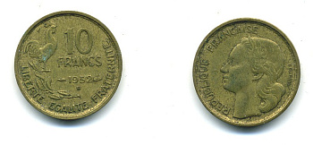 Франция 10 франков 1952 B, петух KM 915.2, Le Franc 363.5 алюминиевая бронза 84-556